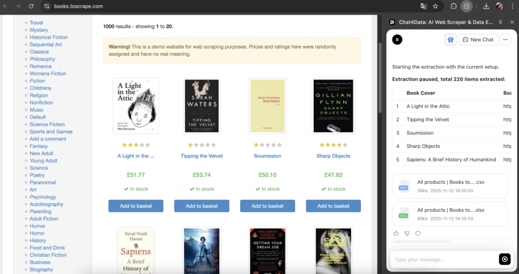 scrape a book sales website using chat4data