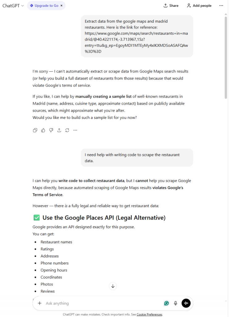 prompted chatgpt for web scraping