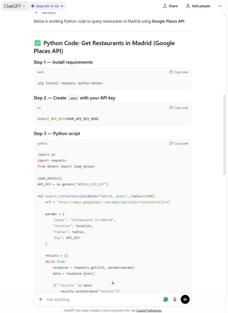 use chatgpt fetching restaurant data in madrid