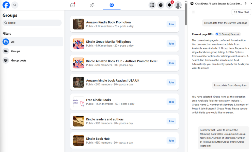 scrape facebook with chat4data