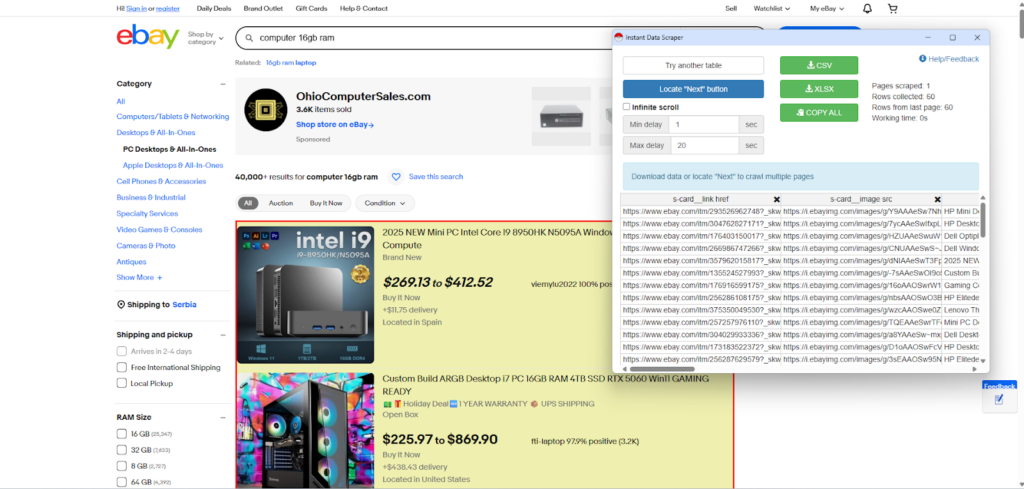 scraping ebay using Instant Data Scraper