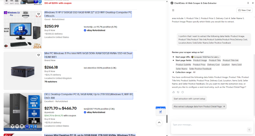 scraping ebay using Chat4Data