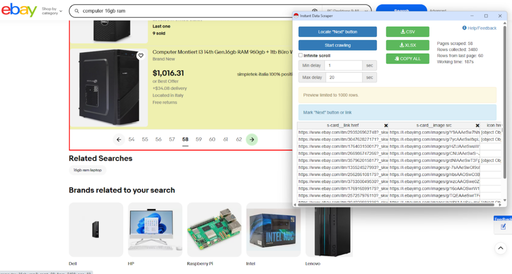scraping ebay using Instant Data Scraper