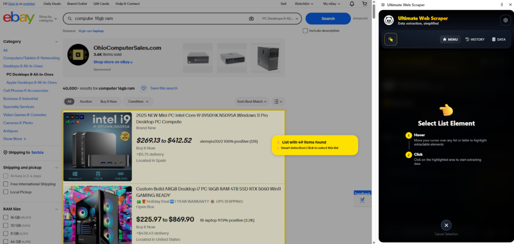 scraping ebay using Panda extract