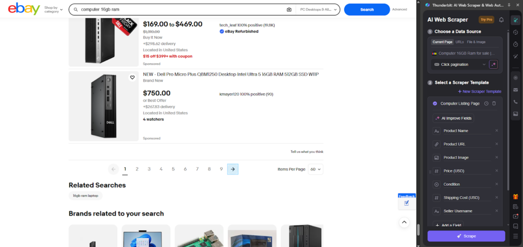 scraping ebay using Thunderbit