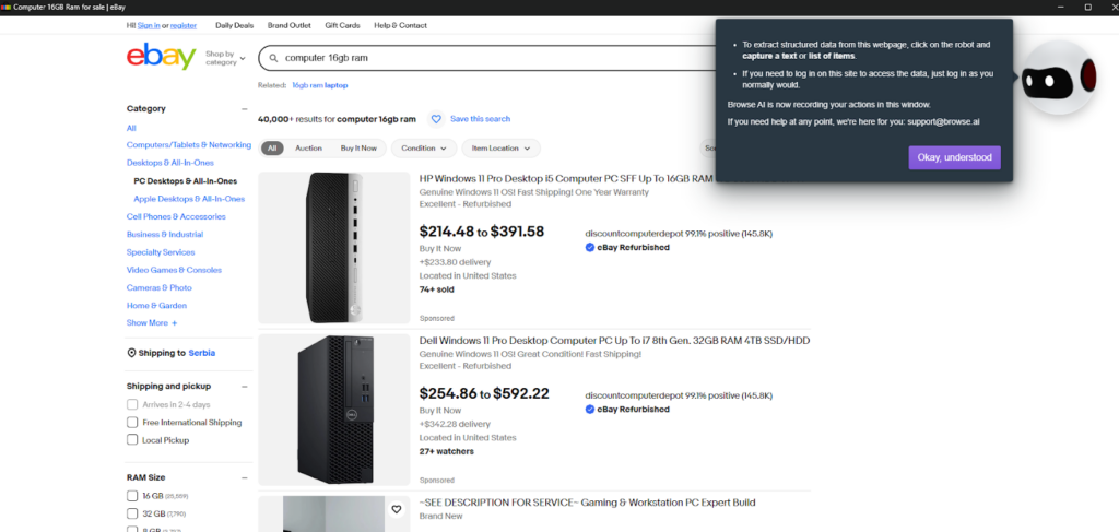 scraping ebay using BrowseAI