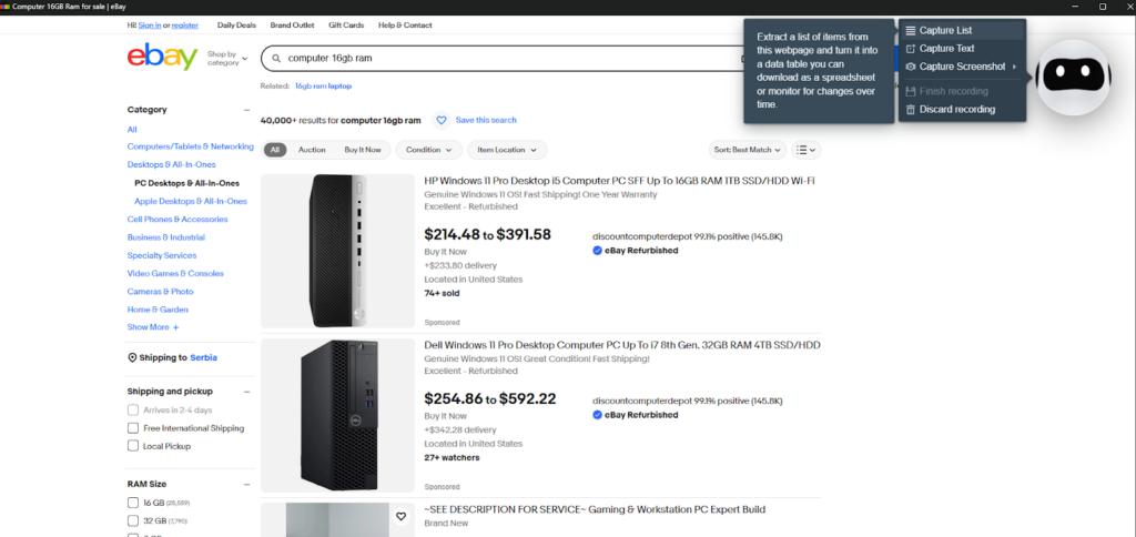scraping ebay using BrowseAI