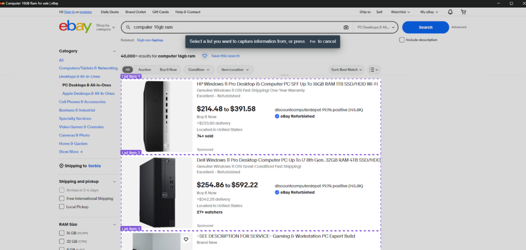 scraping ebay using BrowseAI