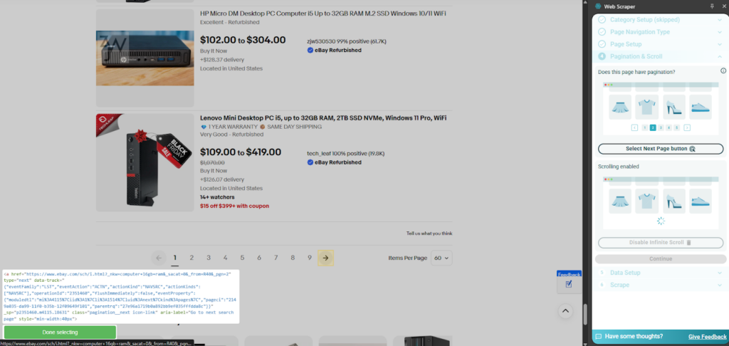 scraping ebay using WebScraper