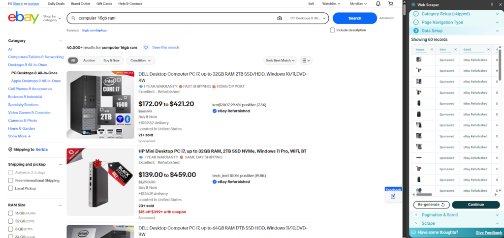 scraping ebay using WebScraper