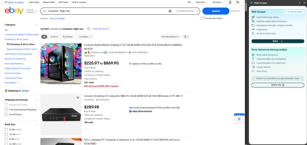 scraping ebay using WebScraper