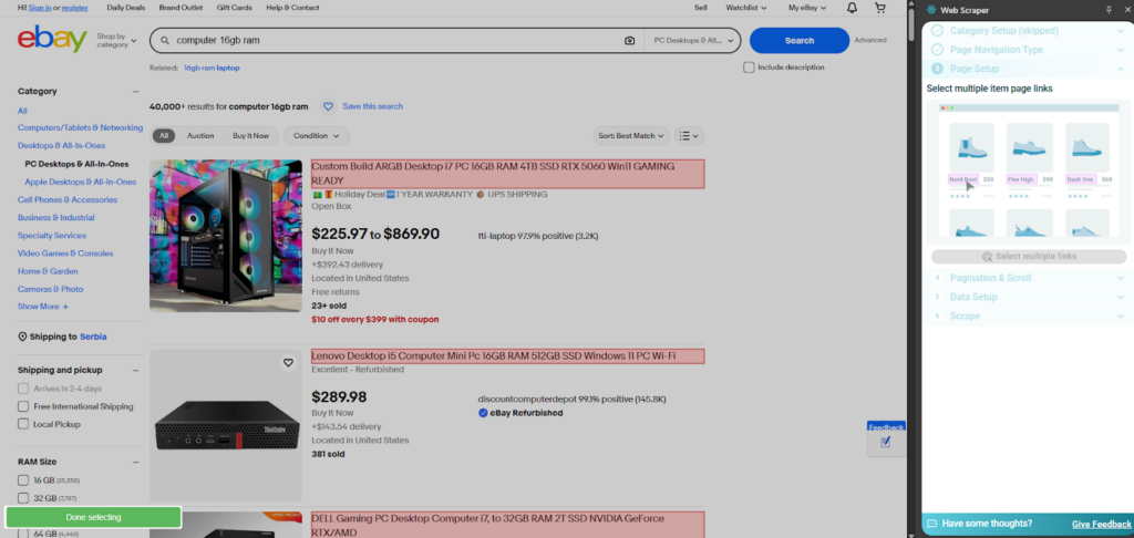 scraping ebay using WebScraper