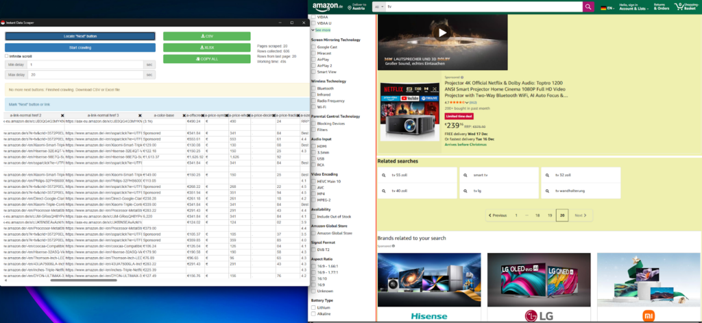 Instant Data Scraper extracting data from amazon