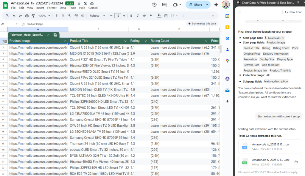 Chat4Data extracting data from amazon