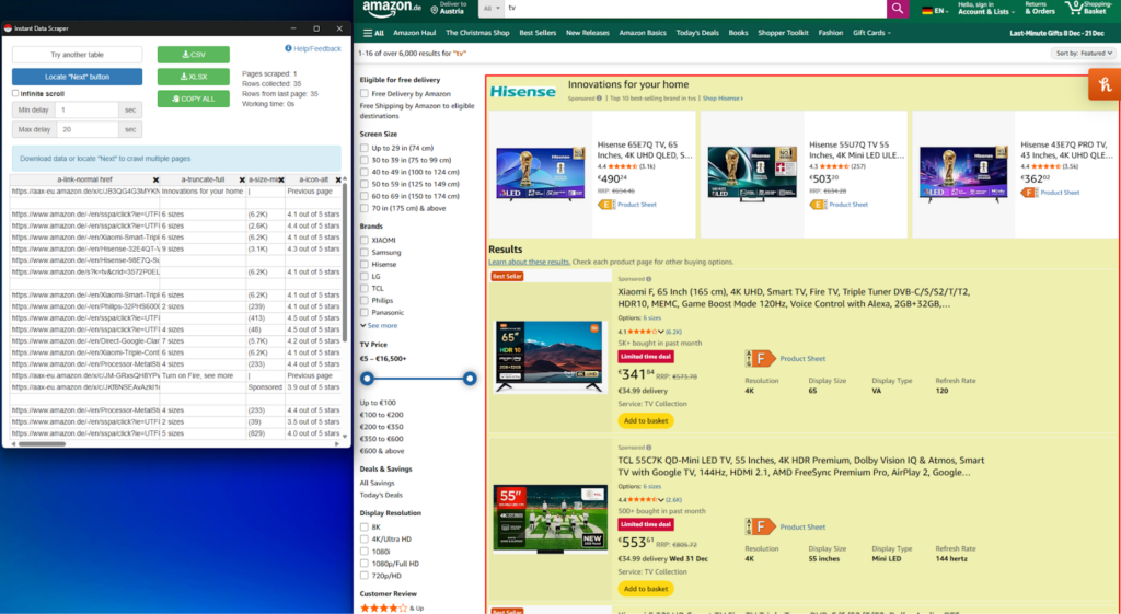 Instant Data Scraper extracting data from amazon