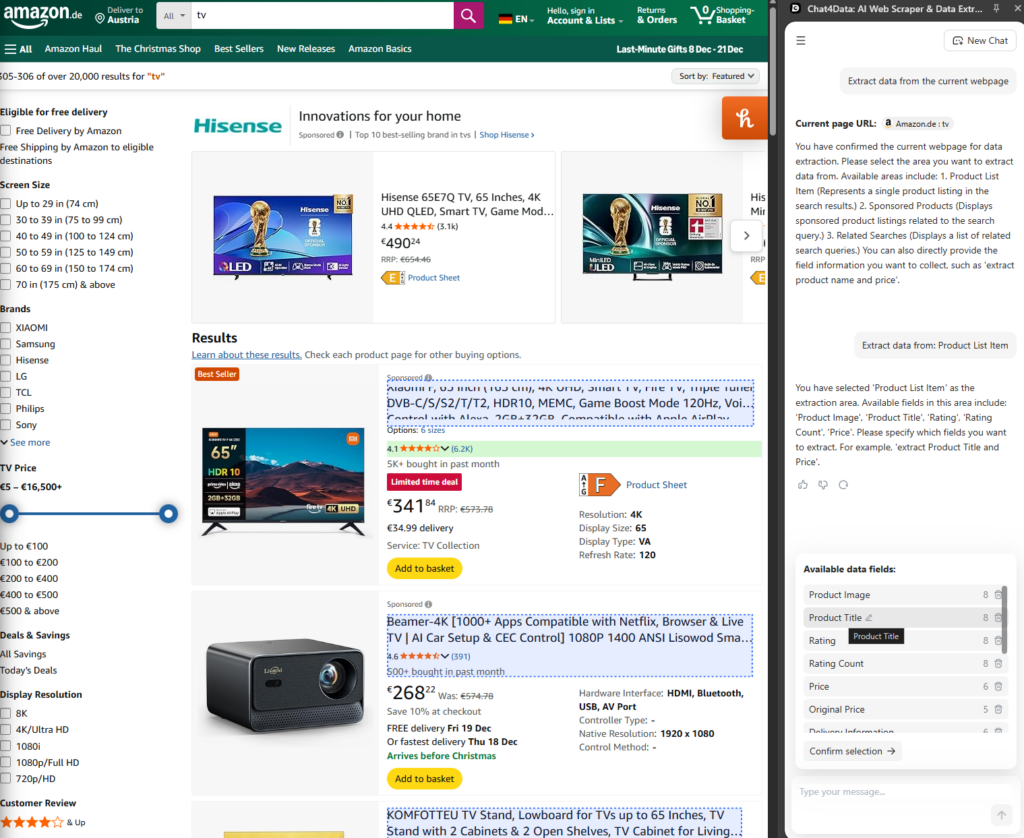 Chat4Data extracting data from amazon