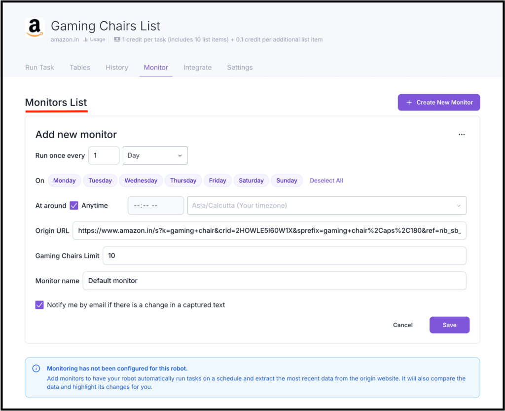 monitor websites using browse ai