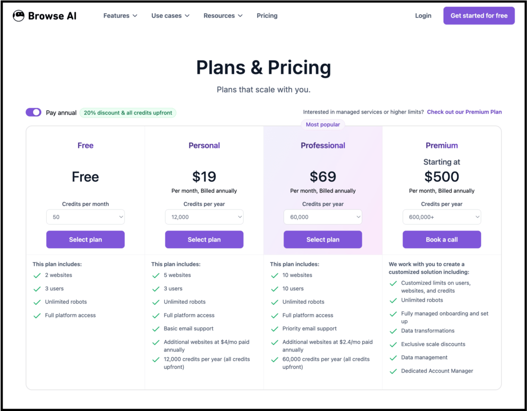 browse ai pricing plans