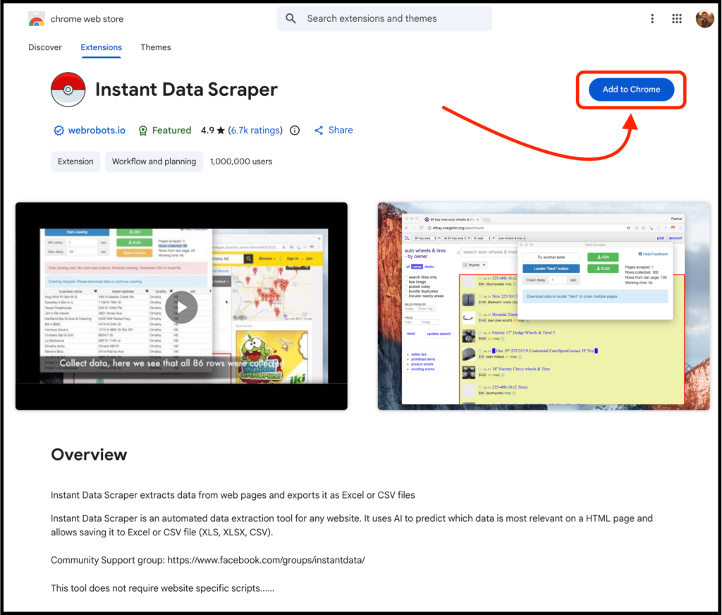 instant data scraper chrome extension page