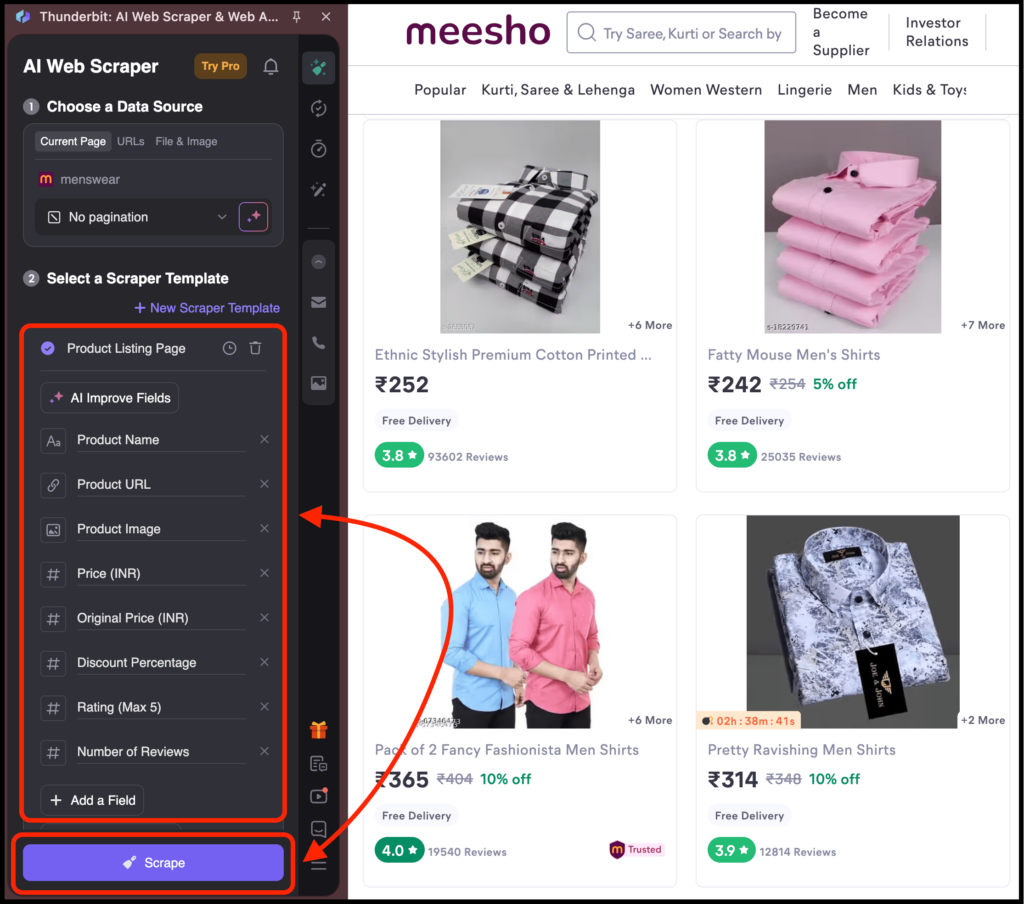 web scraping process of thunderbit