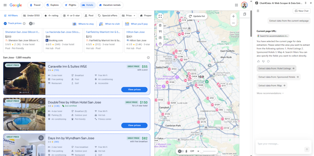 chat4data web scraping bot google travel