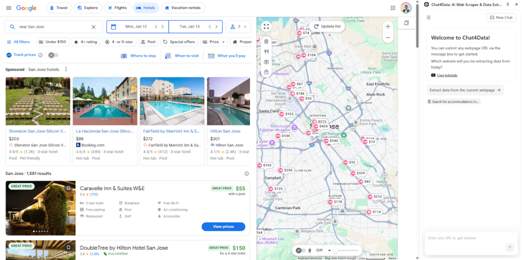 chat4data web scraping bot google travel