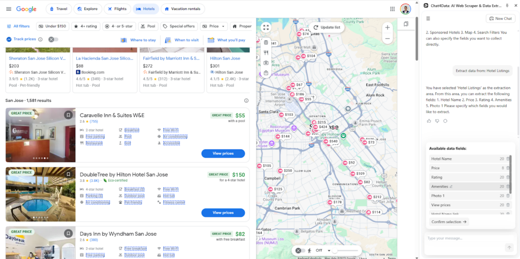 chat4data web scraping bot google travel