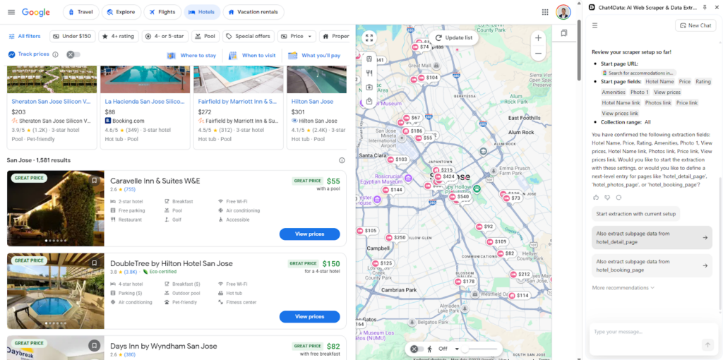 chat4data web scraping bot google travel