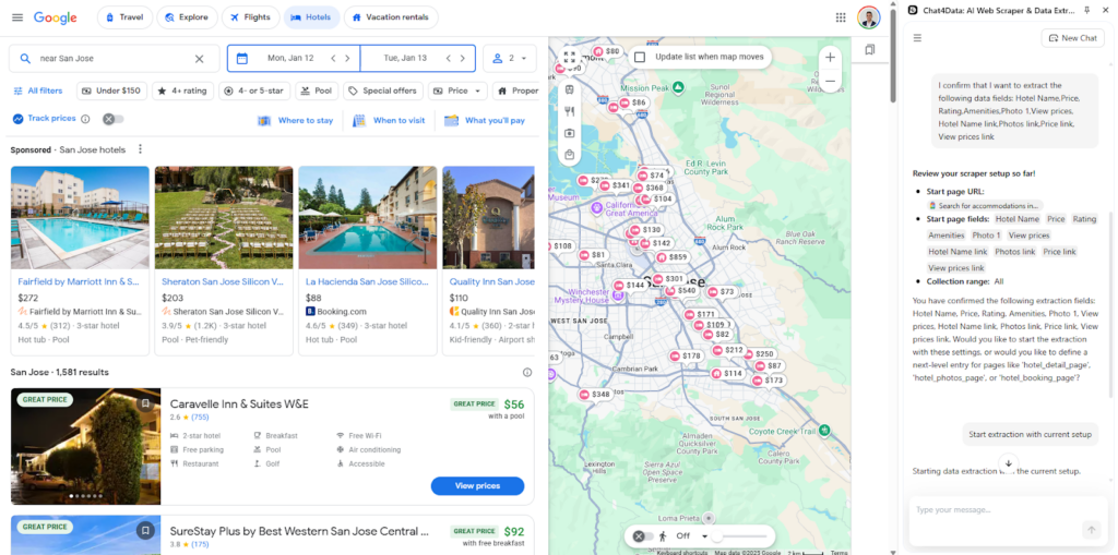 chat4data web scraping bot google travel