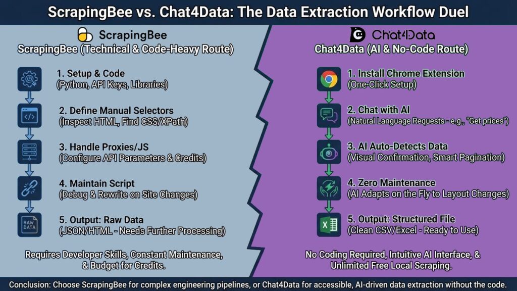 chat4data vs scrapingbee - feature comparison - workflow comparison