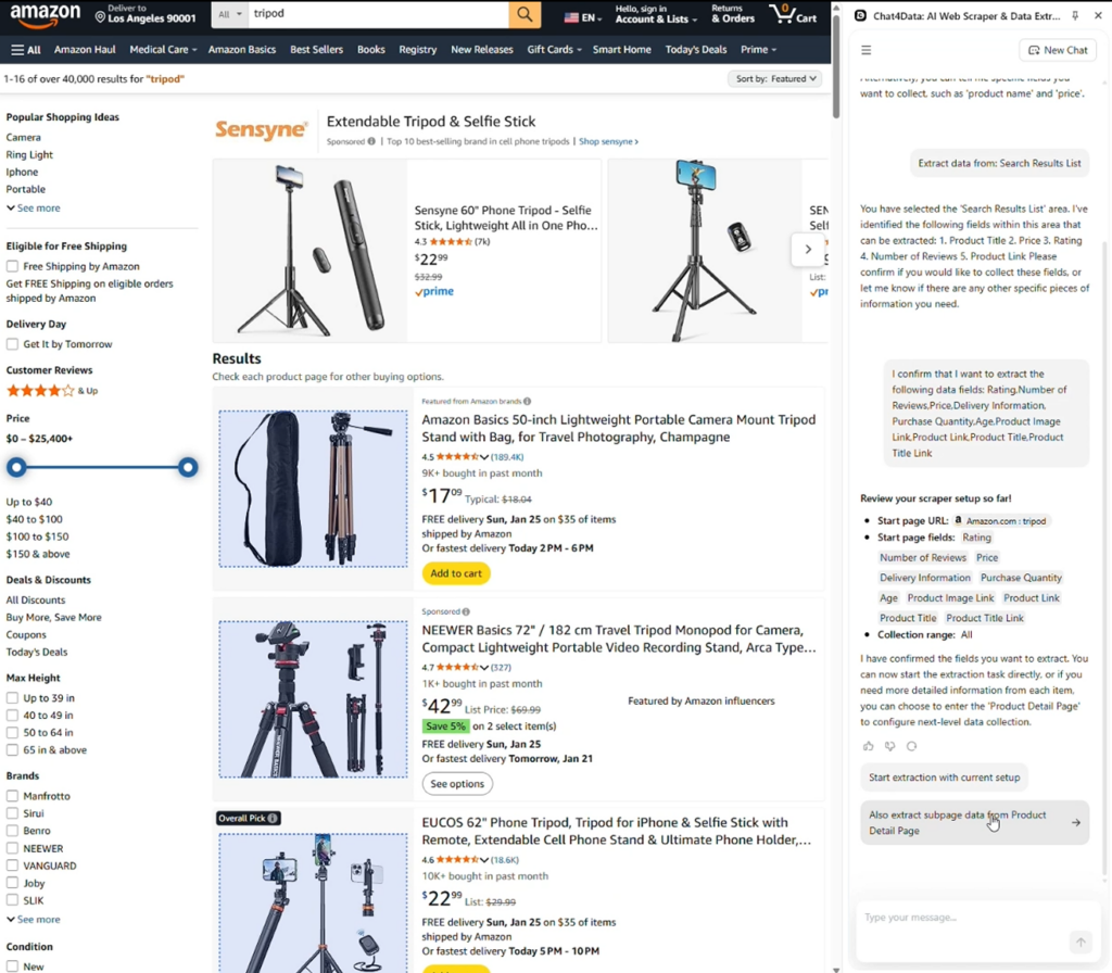 chat4data scraping amazon video results