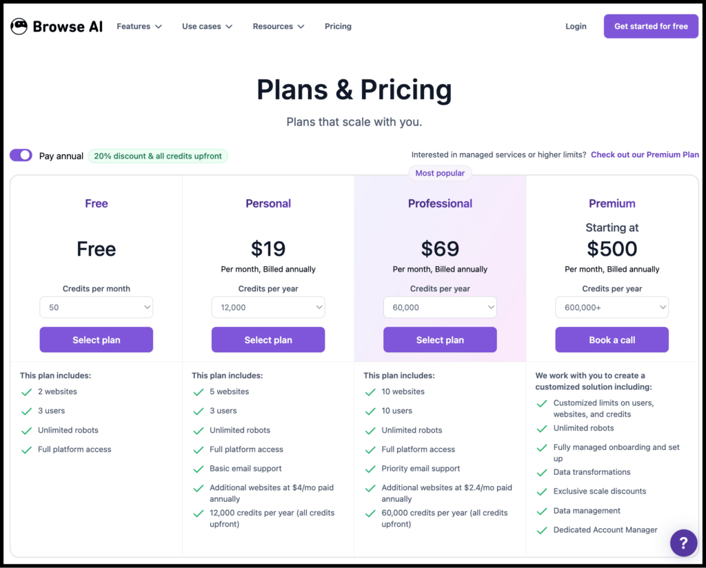 browse ai pricing
