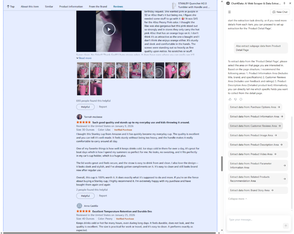amazon review scraping with chat4data