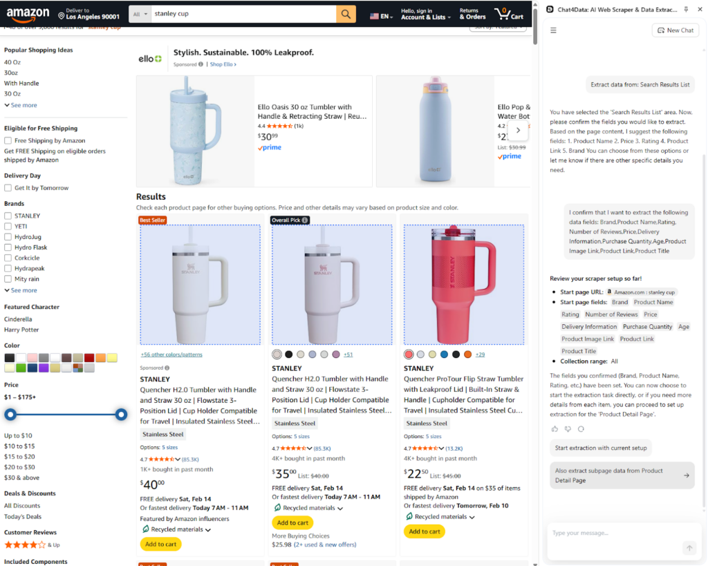 amazon review scraping with chat4data