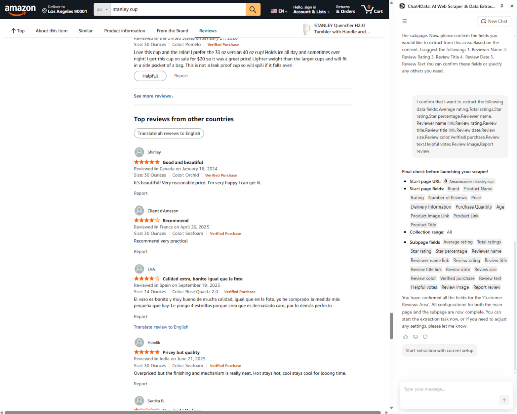amazon review scraping with chat4data