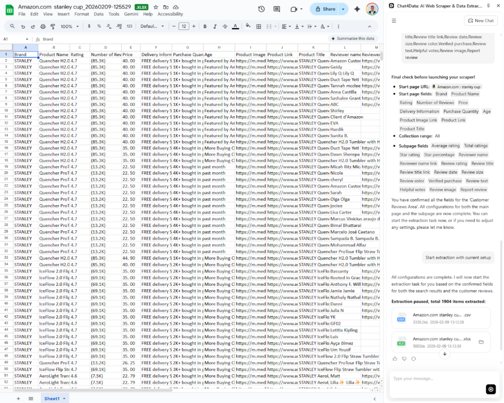 amazon review scraping with chat4data