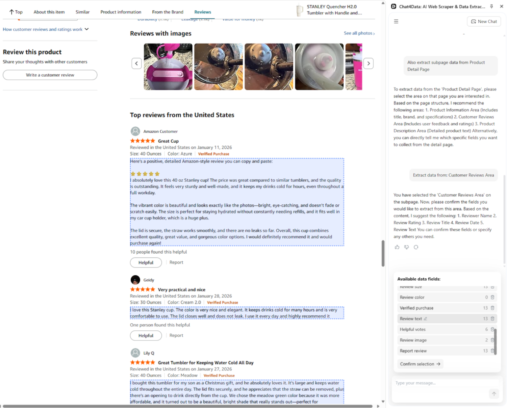 amazon review scraping with chat4data