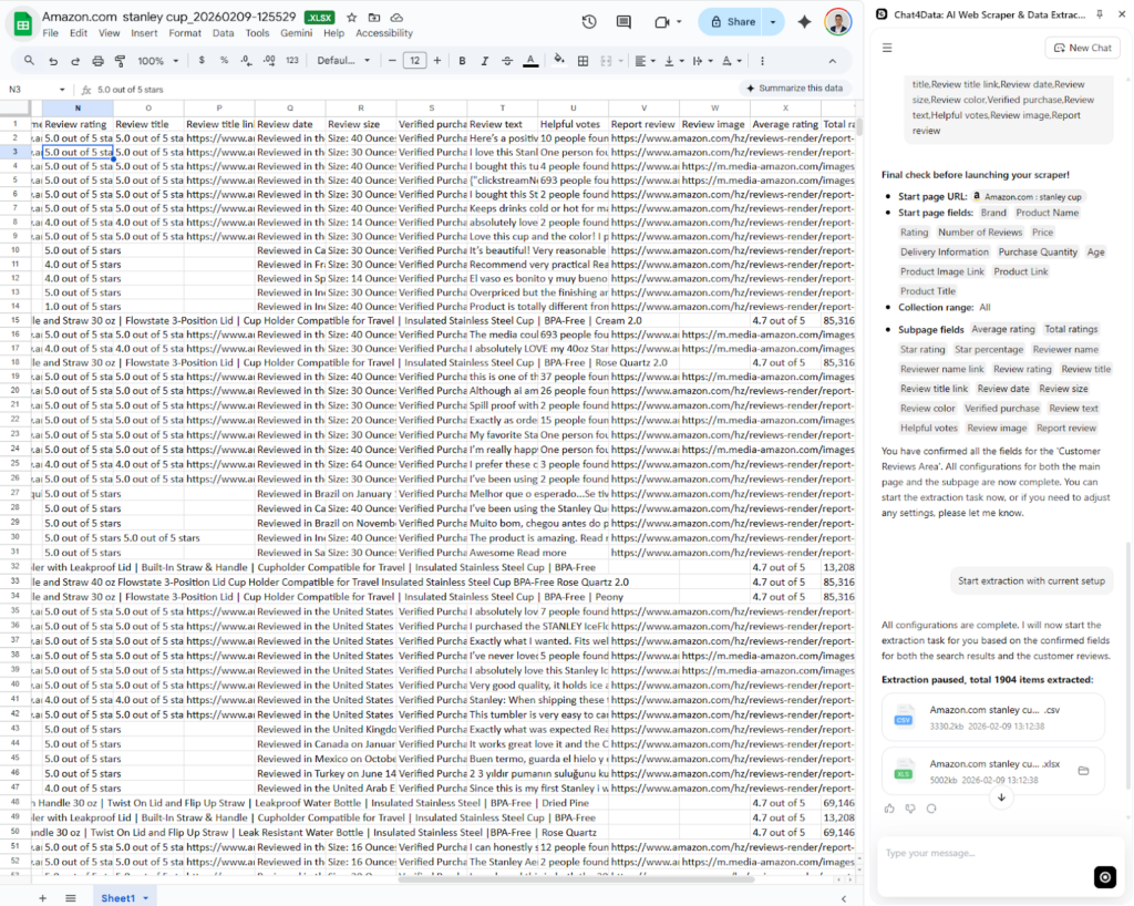 amazon review scraping with chat4data