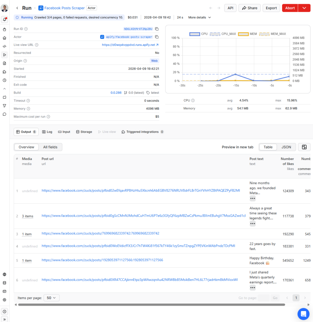 Apify dashboard Facebook post search engine scraping