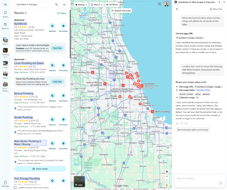 use chat4data to scrape google maps 