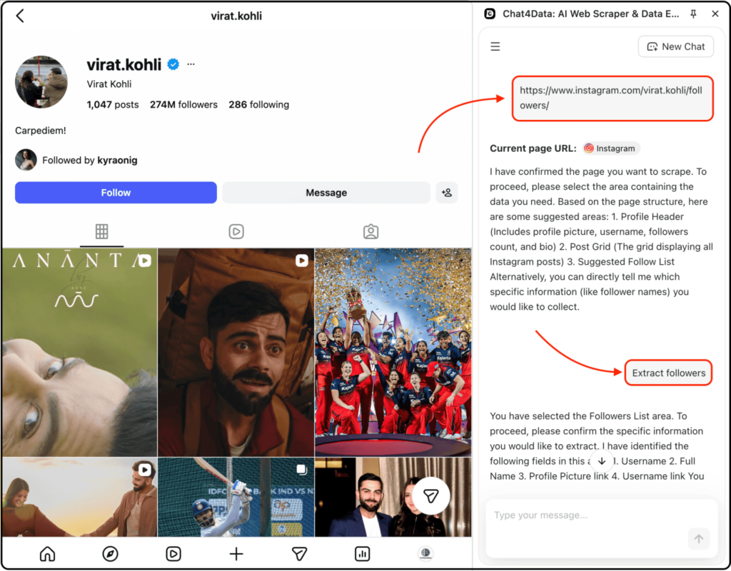 export instagram followers using chat4data