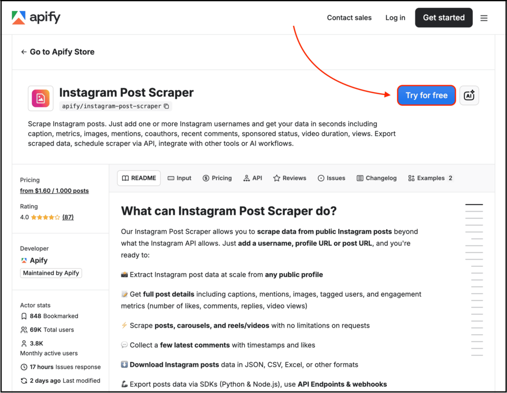 try apify instagram post scraper