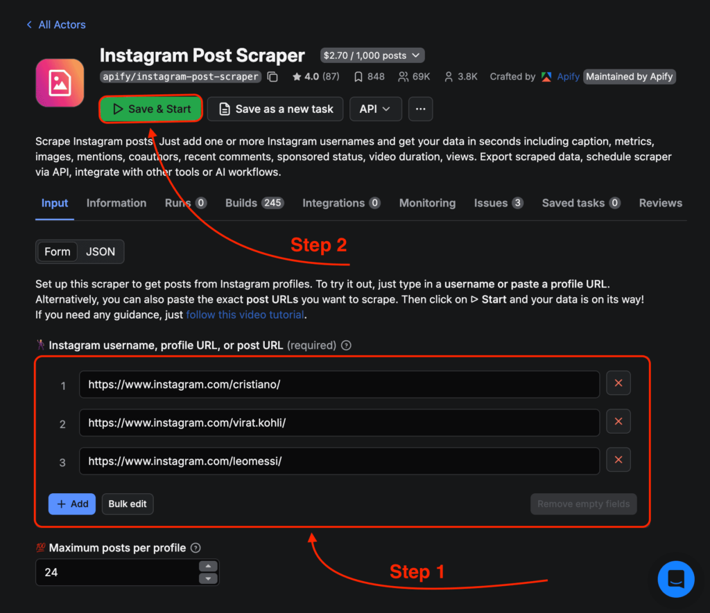 scraping instagram posts with apify scraper