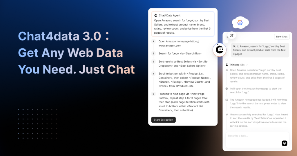 Chat4Data 3.0 web scraping AI agent interface showing a chat conversation where the agent plans and executes a scraping task on Amazon