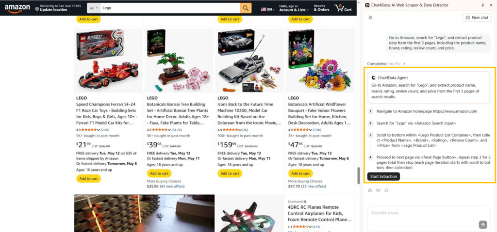 Chat4Data 3.0 web scraping AI agent demo - scraping Lego product data from Amazon search results with one prompt