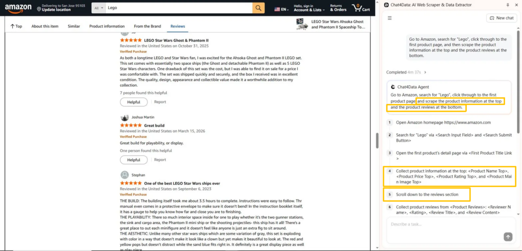 Amazon product page showing product specs at the top and customer reviews below, the two regions Chat4Data extracts in one task