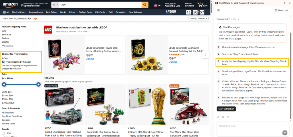 Chat4Data 3.0 dynamic interaction - automatically applying filters and sorting options on Amazon before scraping product listings