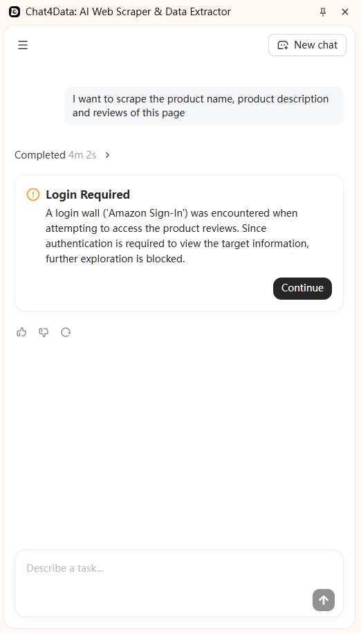 Chat4Data 3.0 web scraping AI agent pausing at a login wall and letting the user log in before resuming scraping