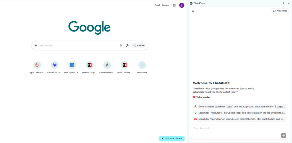 The third step to get started with Chat4Data 3.0 -type your first scraping task