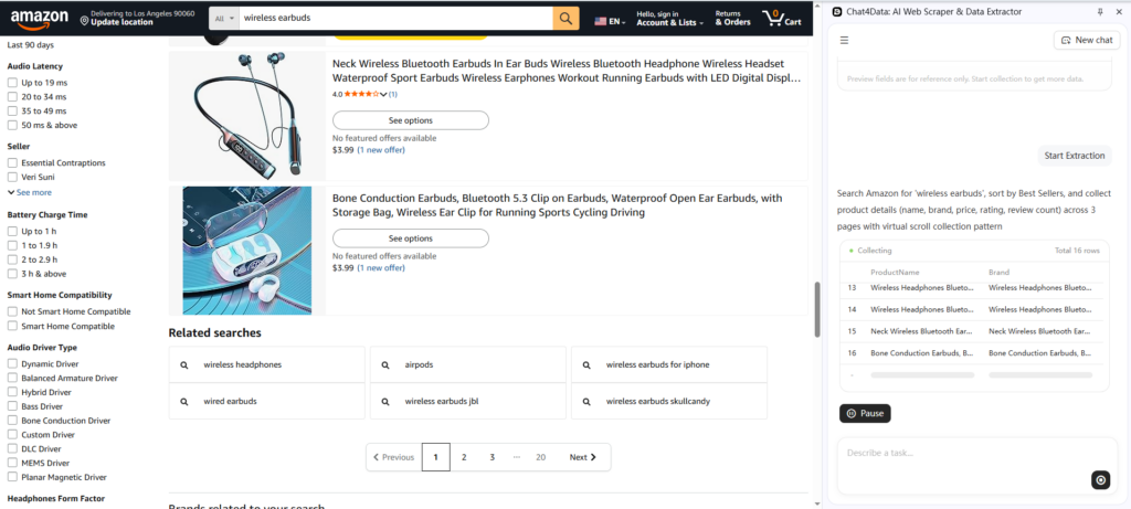 Chat4Data running in browser, navigating Amazon search results pages.